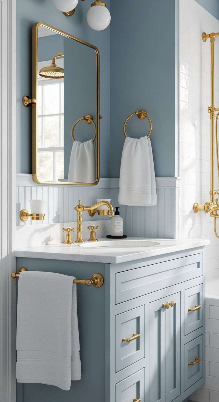 brass accents on blue backdrop