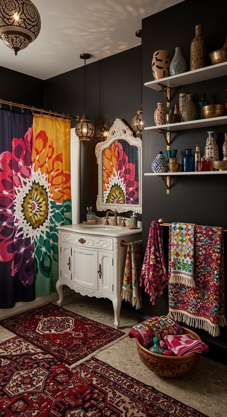 eclectic maximalist black bathroom
