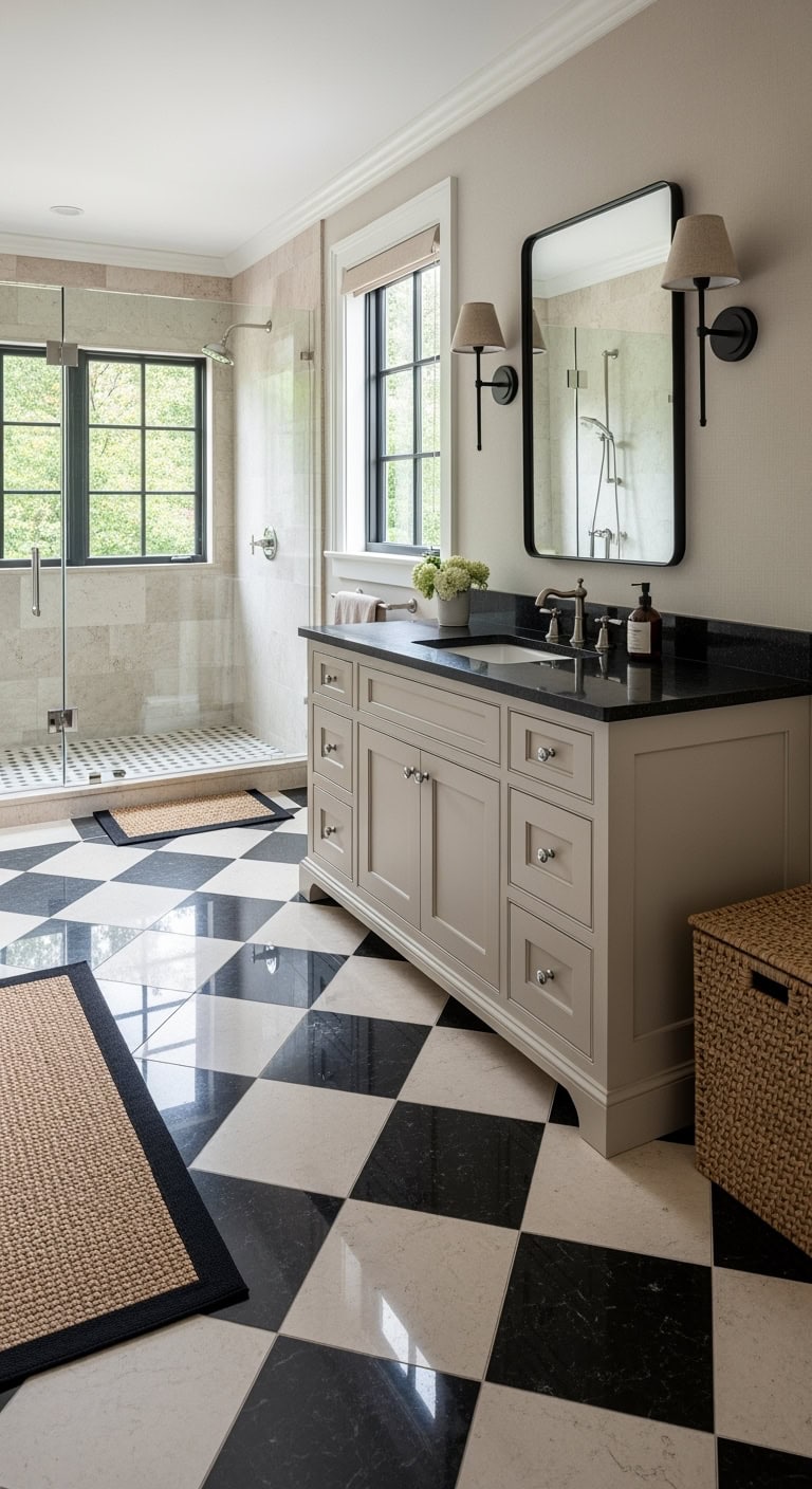 black and beige checkerboard floor