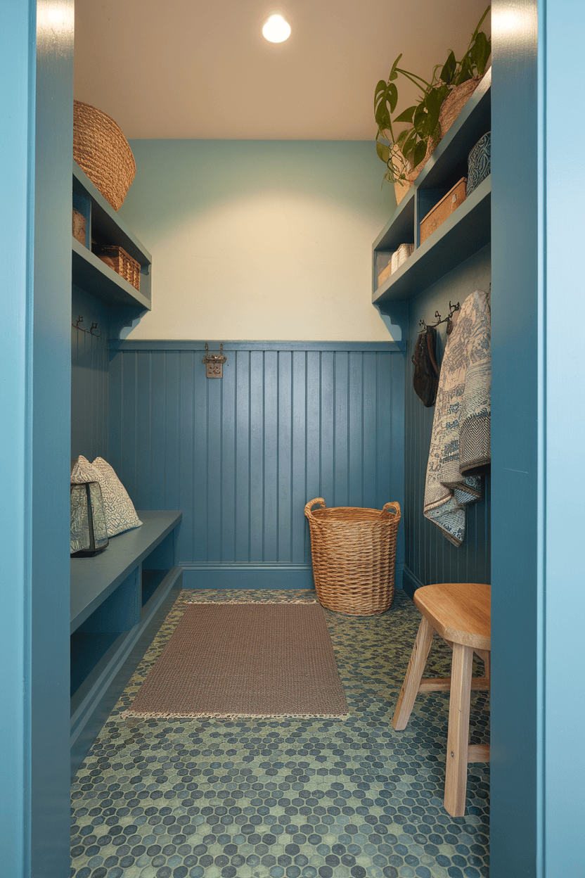 A cozy mudroom featuring penny tile flooring with a green and black color scheme, complemented by blue walls and wooden accents.