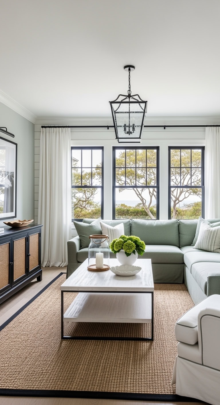 black framed celadon linen living