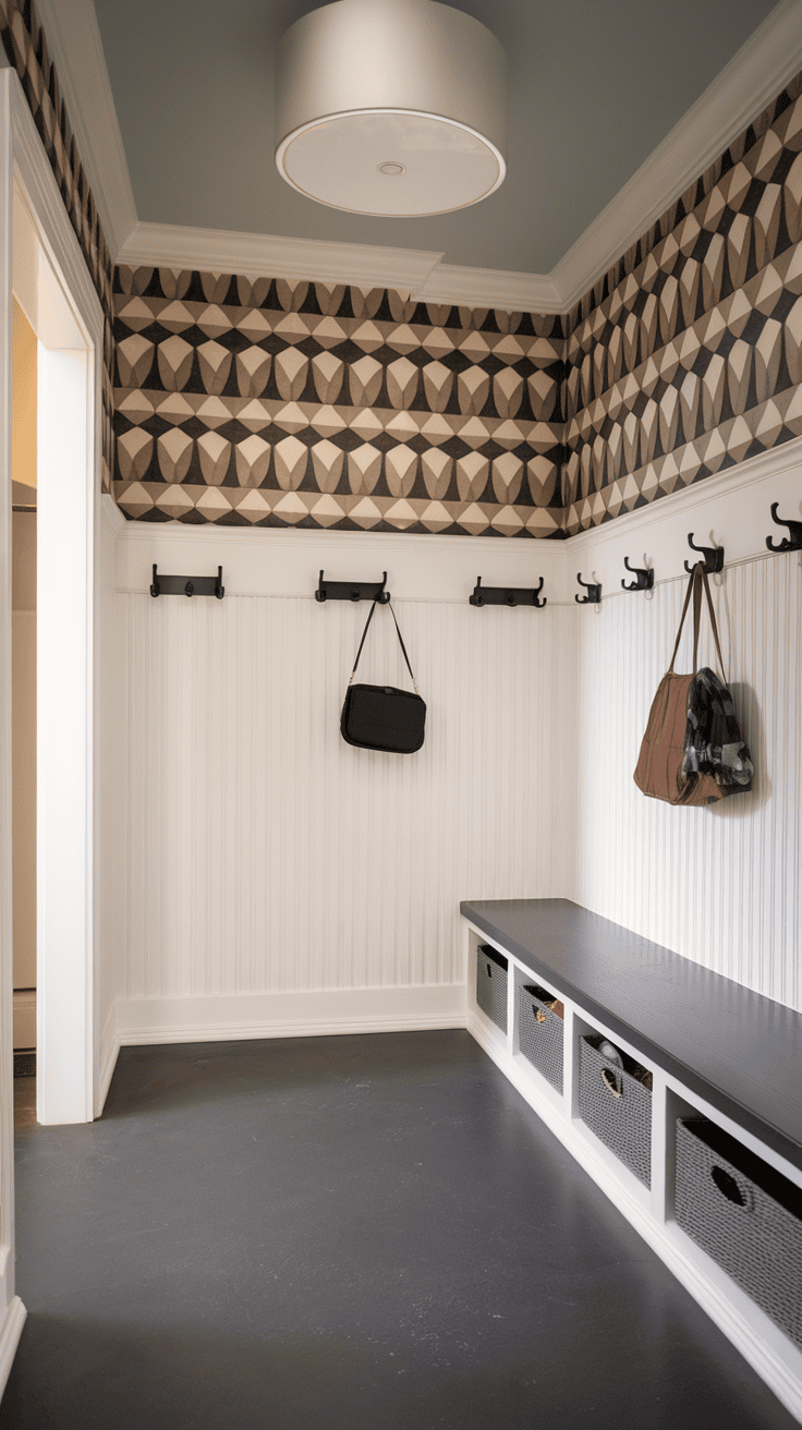 A geometric wallpapered mudroom with a bench and hooks.