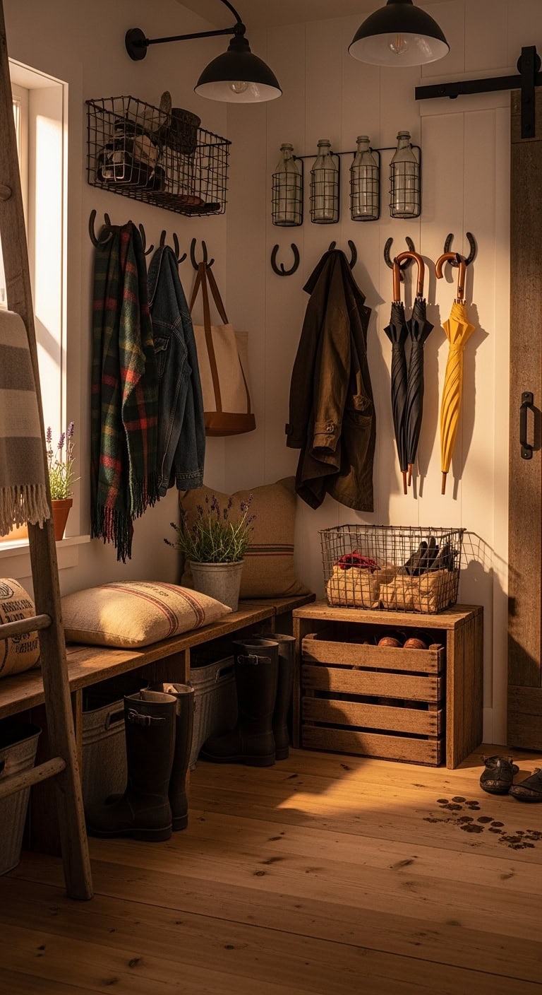 rustic weathered vintage farmhouse boot storage