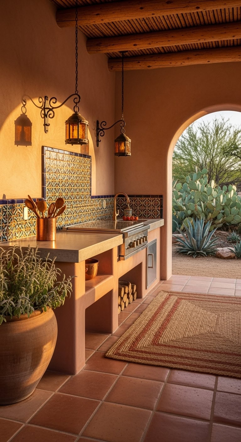 curved adobe patio with tiles