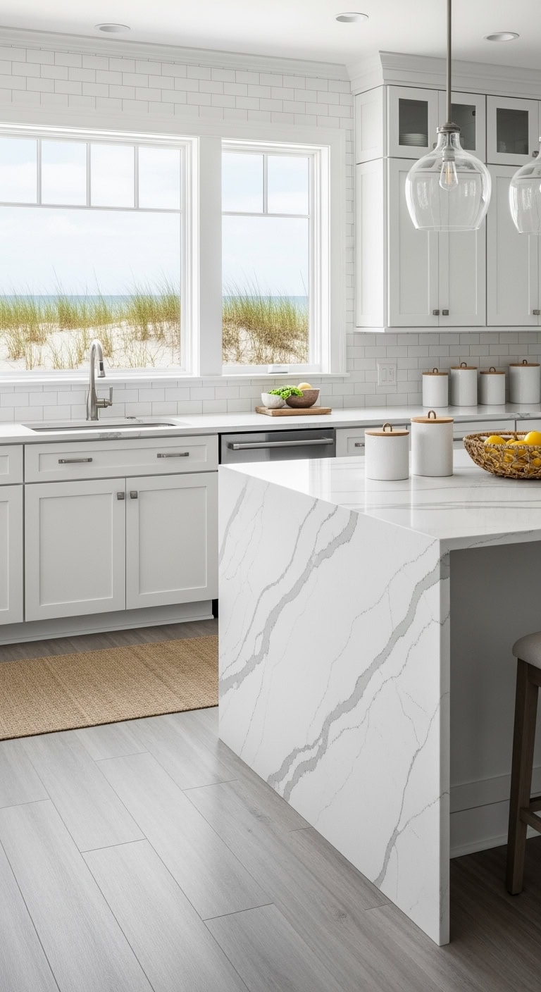 sea foam veined white quartz