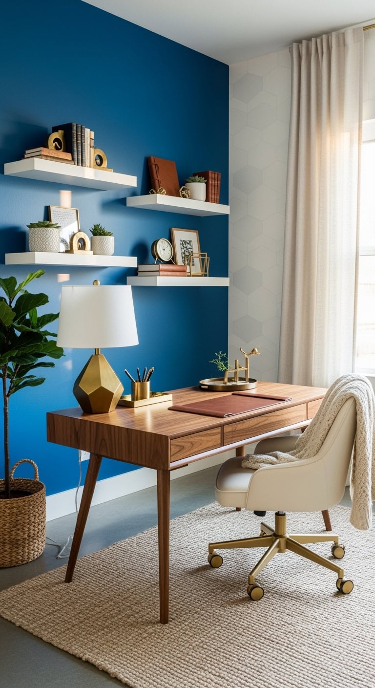 cerulean accent wall transforms workspace