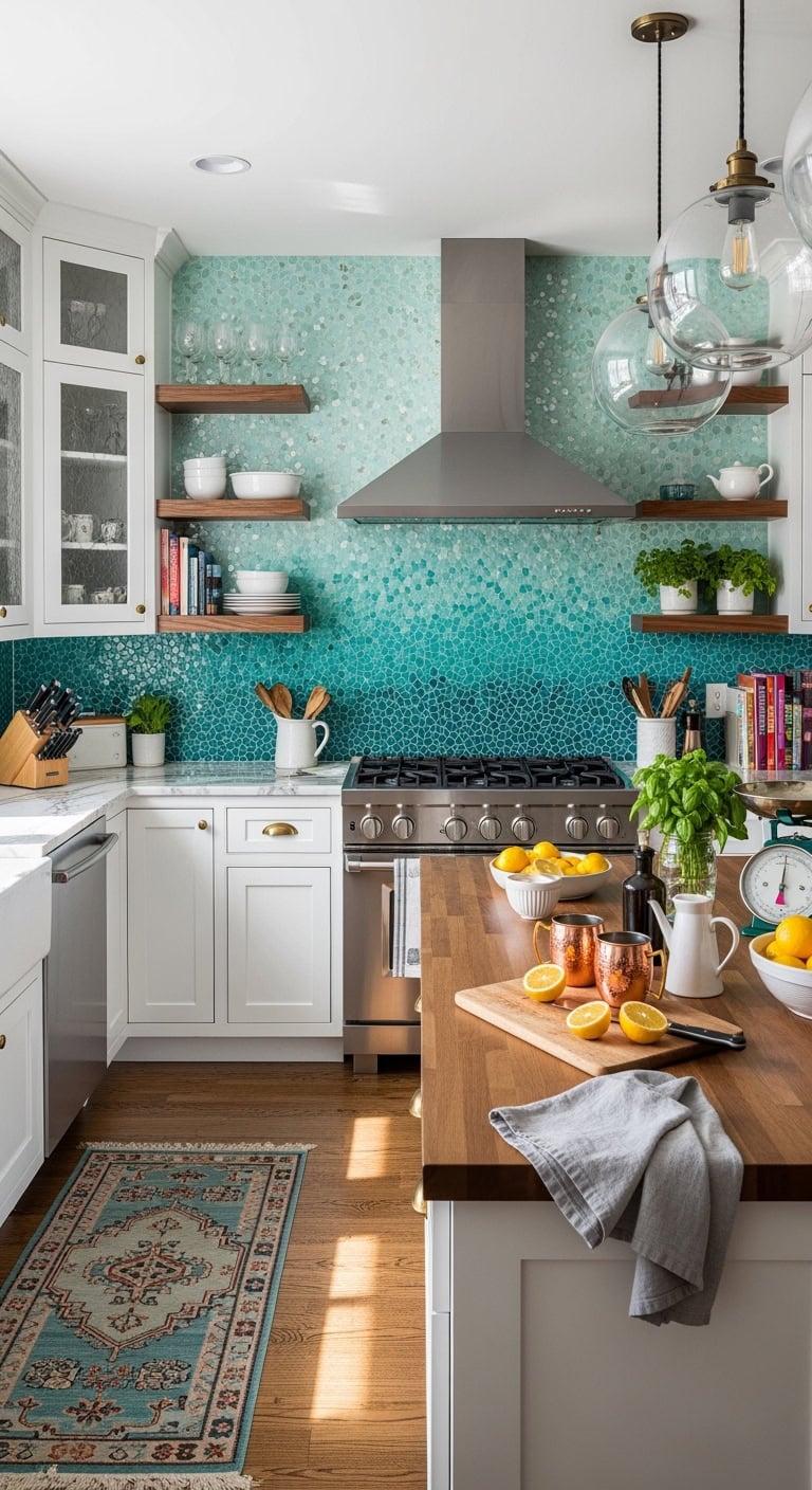 turquoise mosaic accent wall highlights