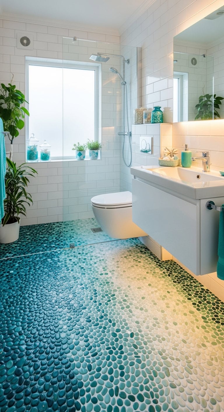 serene beach inspired pebble bathroom flooring