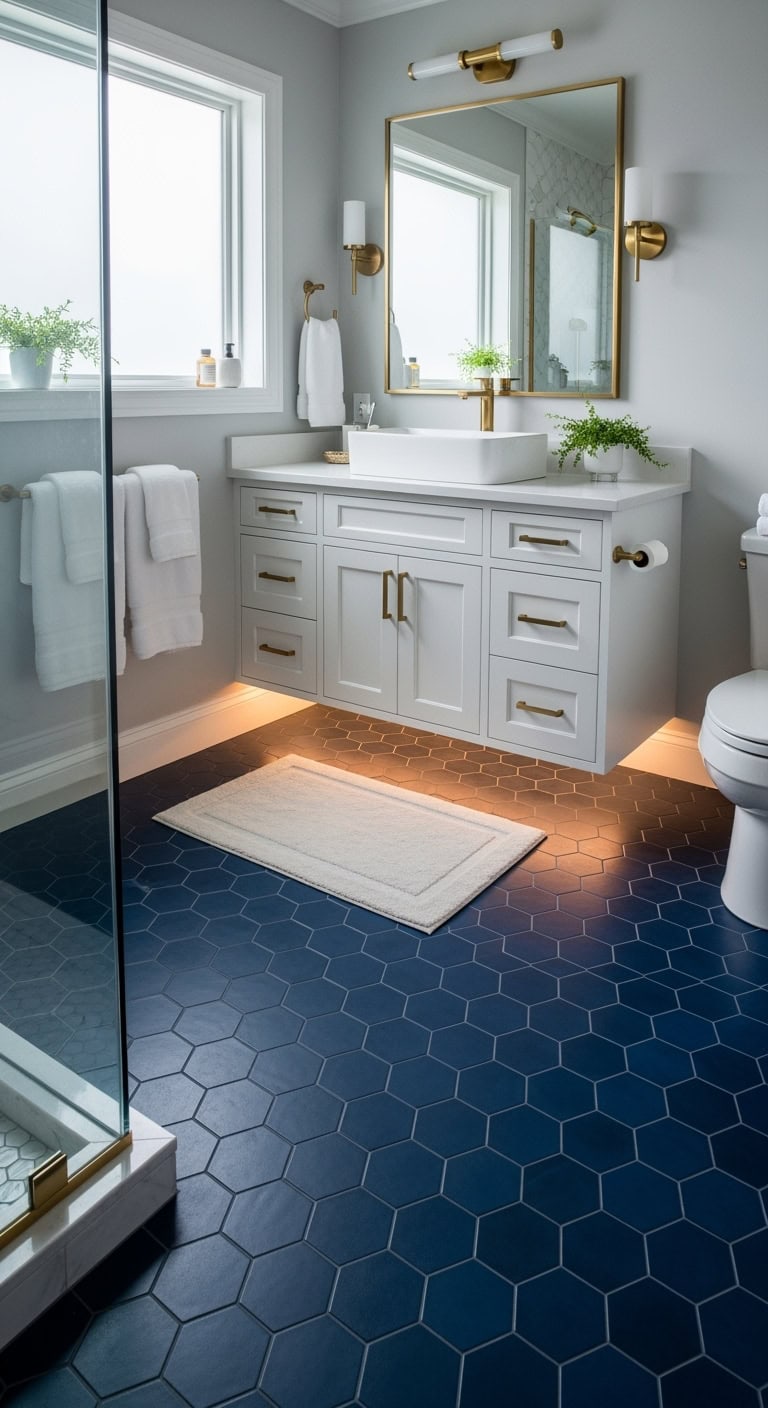 mesmerizing midnight blue hexagonal bathroom