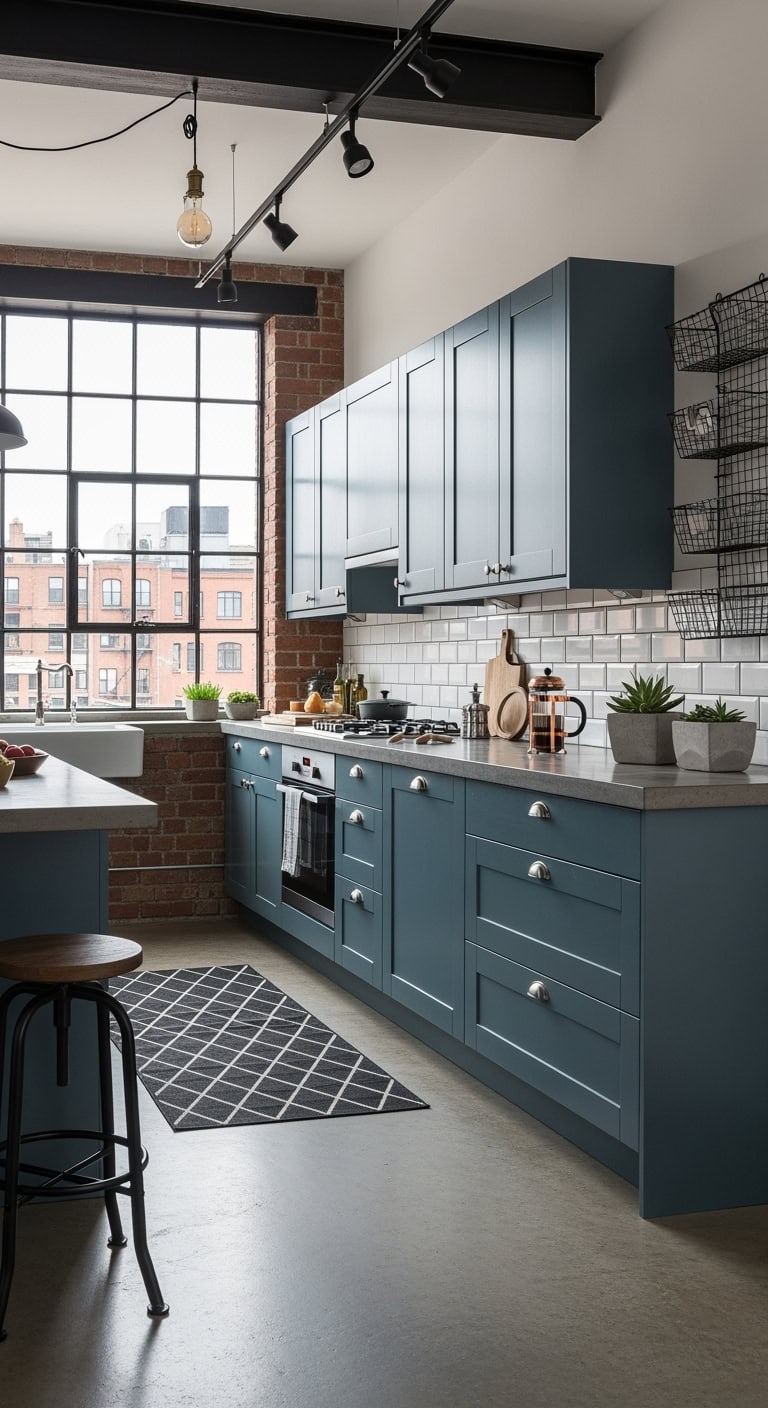 industrial steel blue kitchen vibe