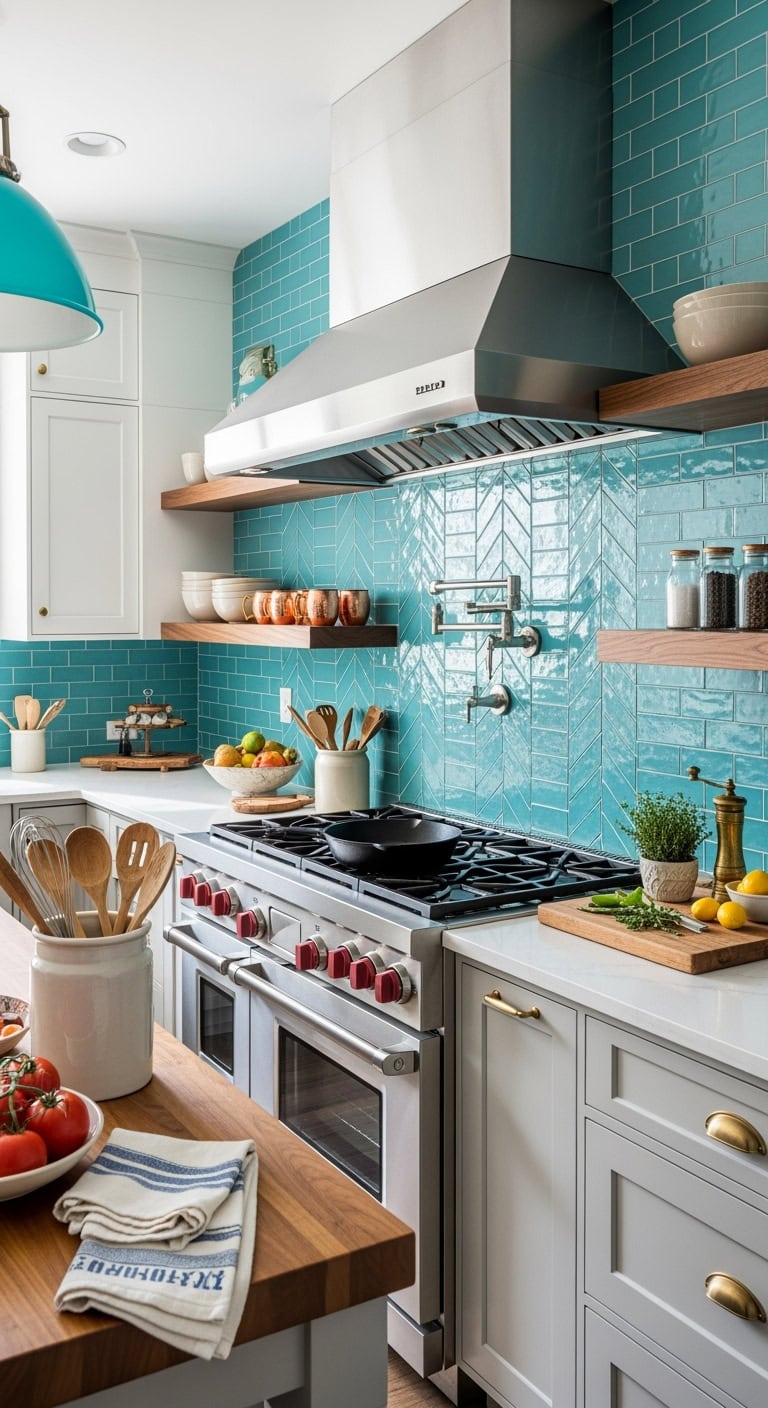 sophisticated kitchen with turquoise statement tile