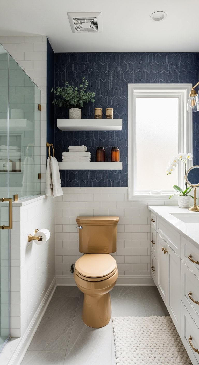 boldly anchor neutral bathroom accents