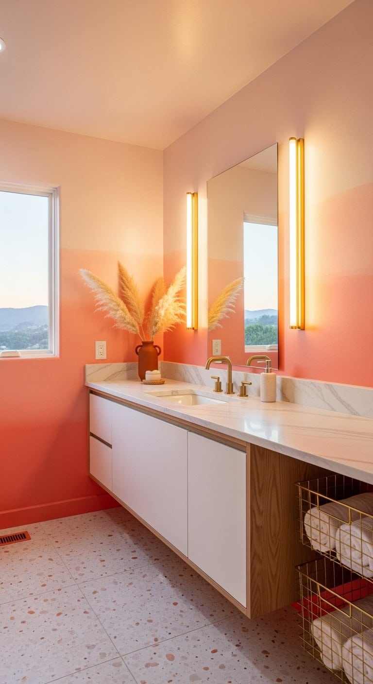 sunset coral to blush bathroom