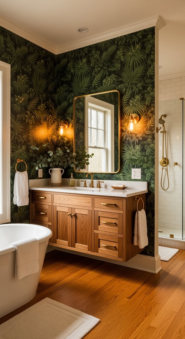 lush moody sophisticated bathroom wallpaper