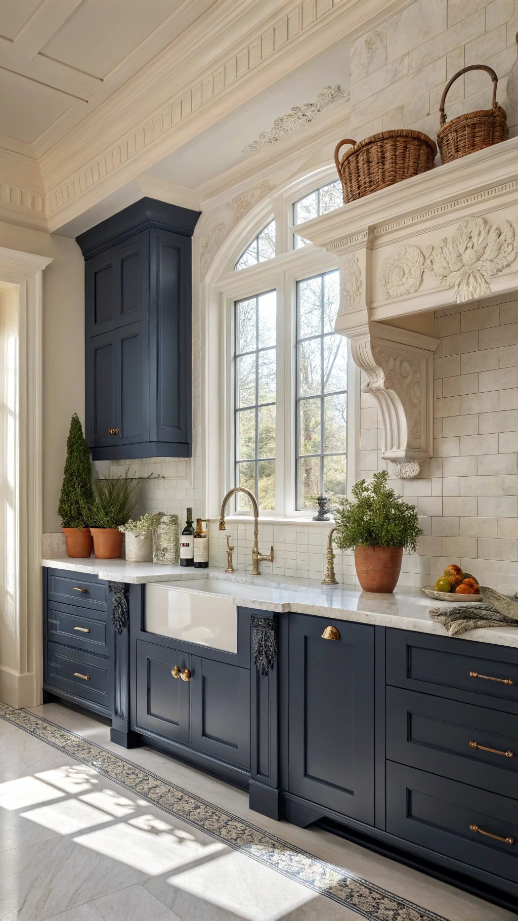 crown molding enhances navy cabinets
