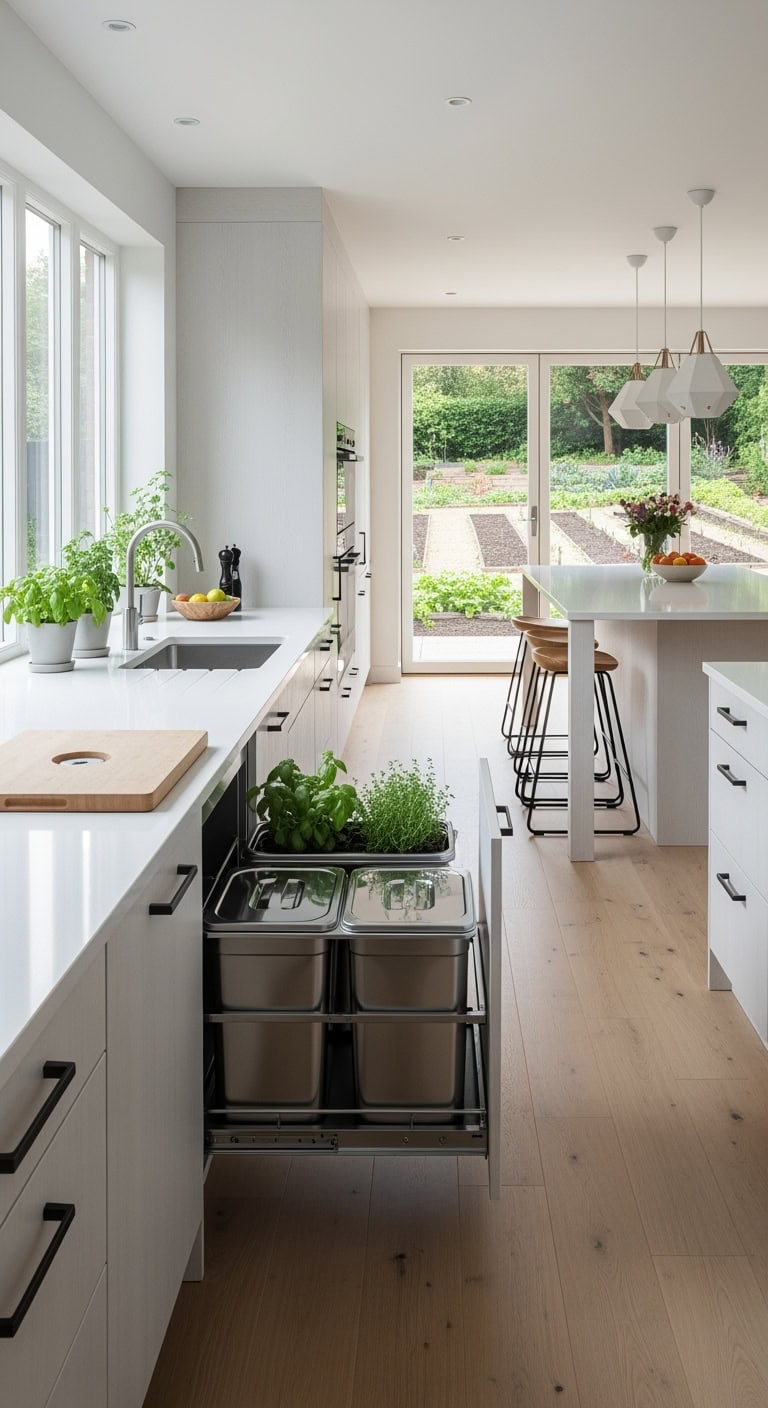 sleek eco friendly minimalist kitchen composting