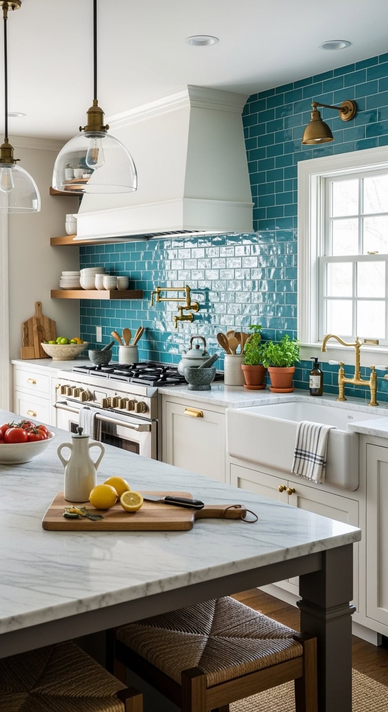 sophisticated coastal turquoise brass kitchen haven