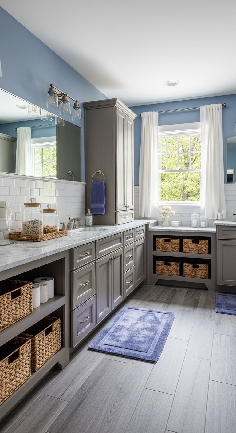 warm gray cabinets periwinkle walls