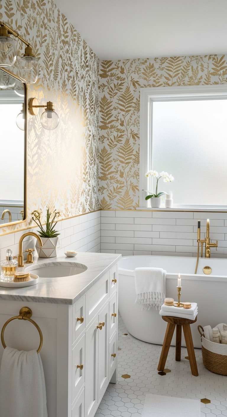 glamorous luxurious bathroom wallpaper transformation