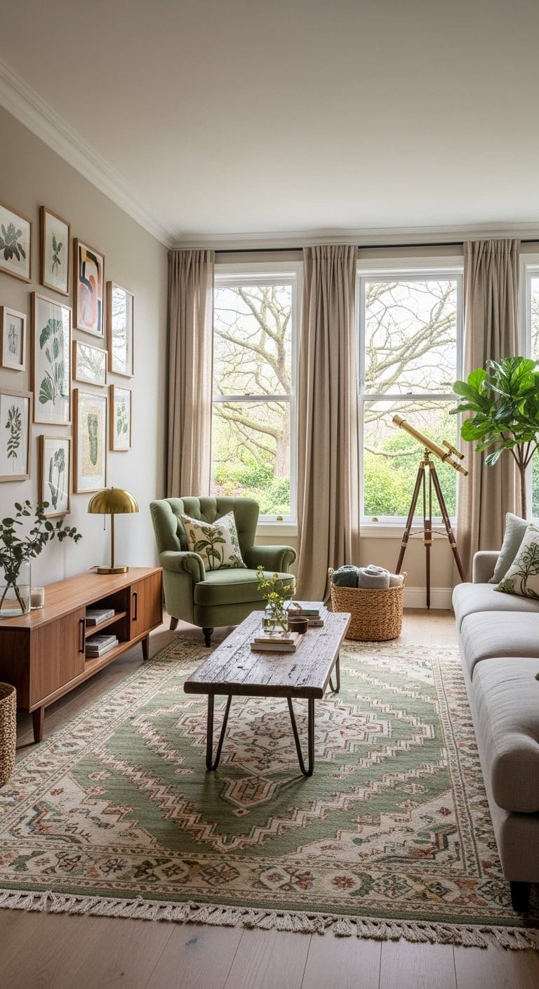 eclectic sage vintage livingroom