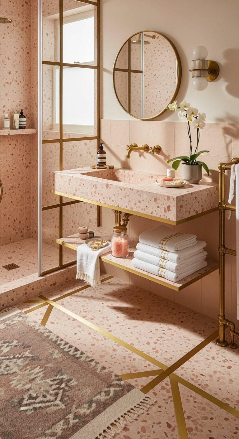 retro glam pink terrazzo with gold trim