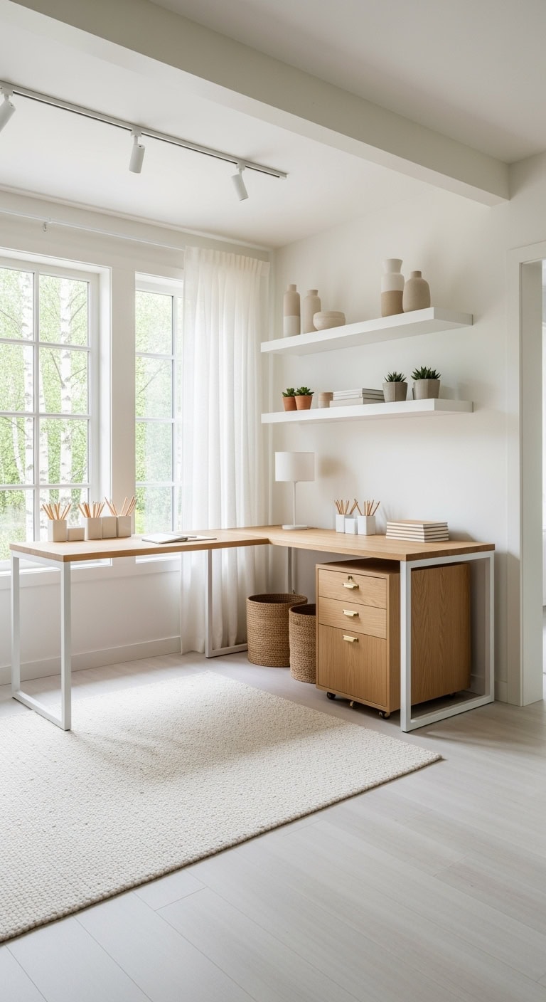 scandi oak minimalist corner workspace