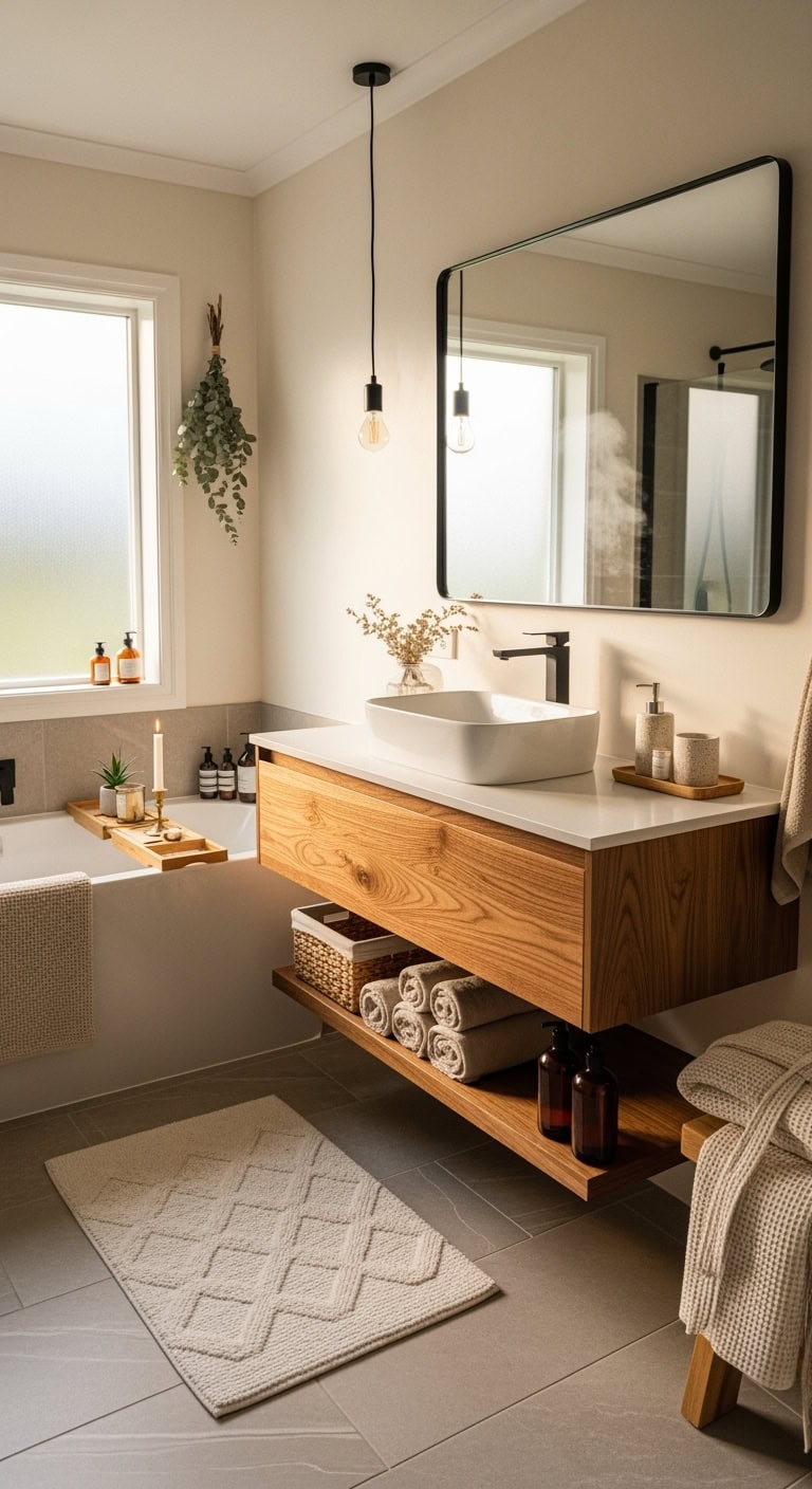 warm wood vanity cozy sanctuary