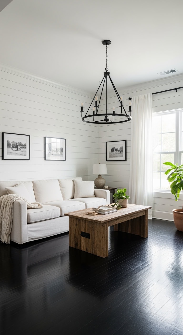 whitewashed shiplap black floors