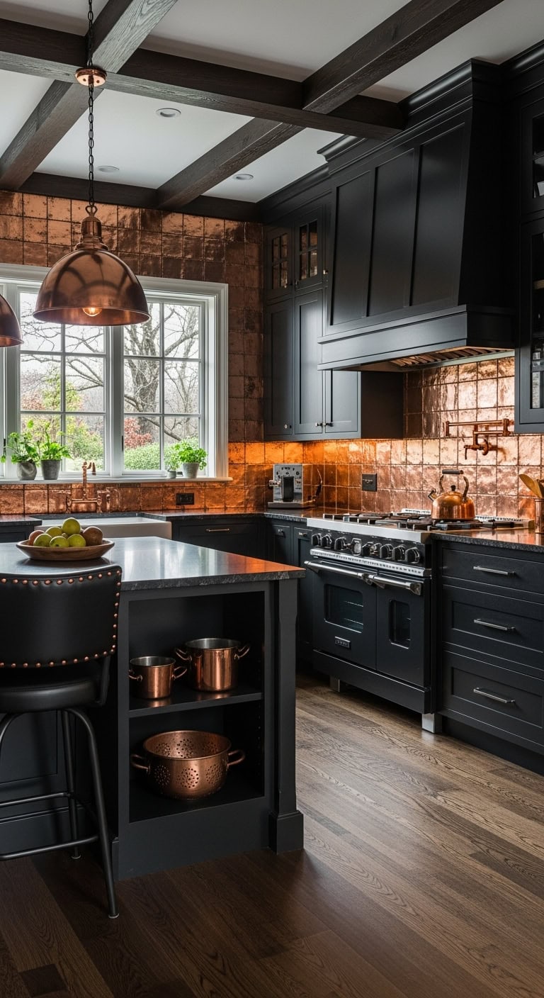 sophisticated moody metallic copper kitchen