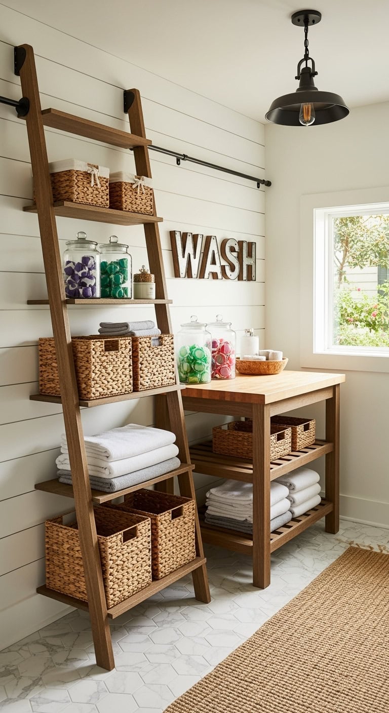 rustic ladder style laundry display