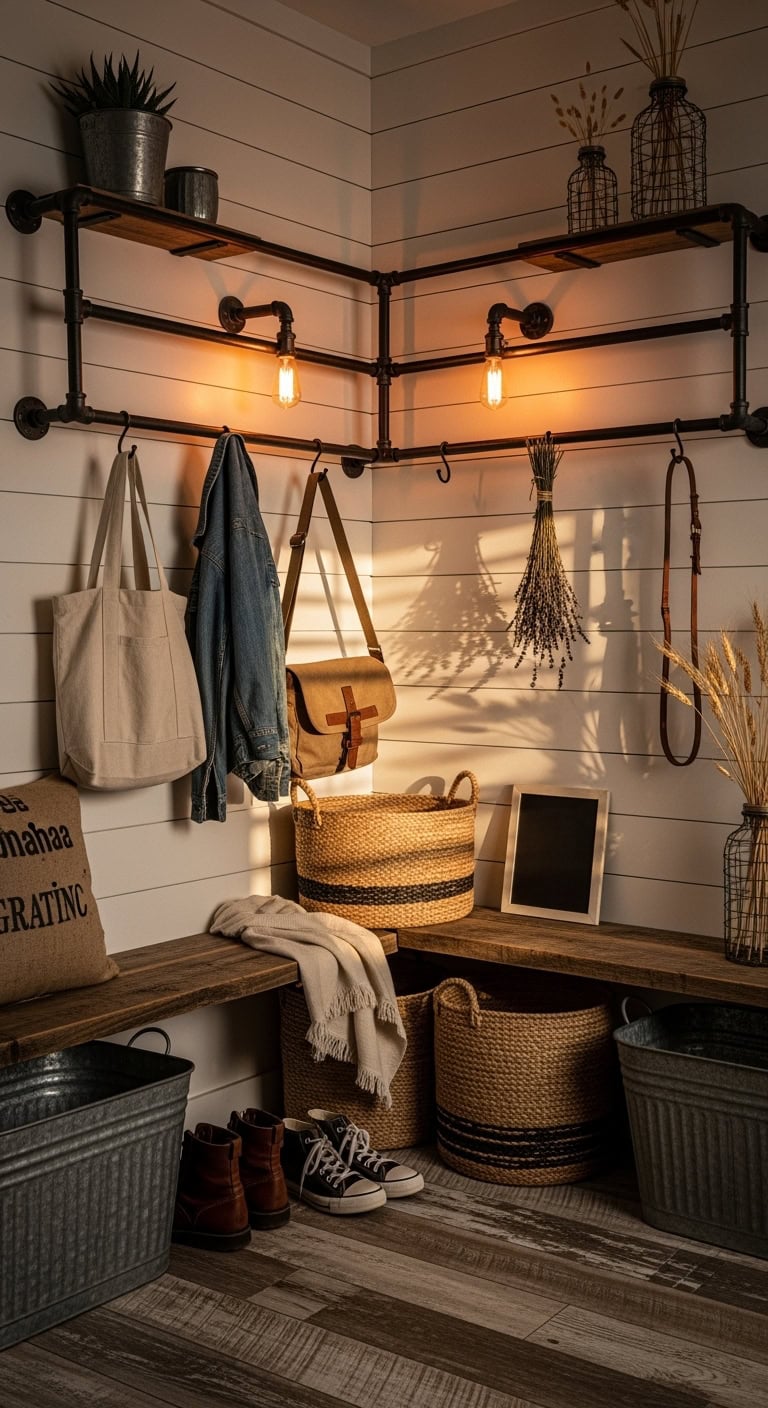 rustic industrial mudroom pipe storage