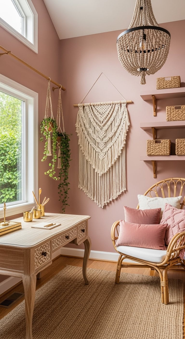 dusty pink bohemian workspace