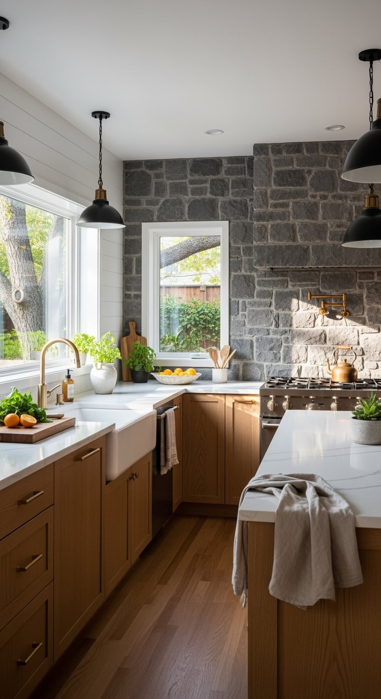 contrasting rustic chic contemporary kitchen design