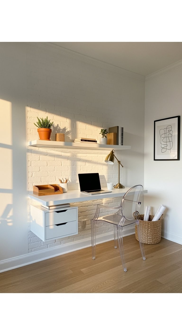 minimalist floating white office shelf