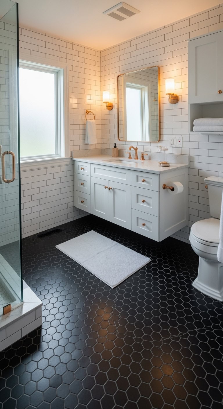 sophisticated geometric bathroom floor tiles