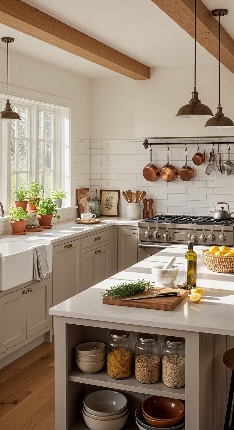 cozy sophisticated cashmere kitchen ceiling beams