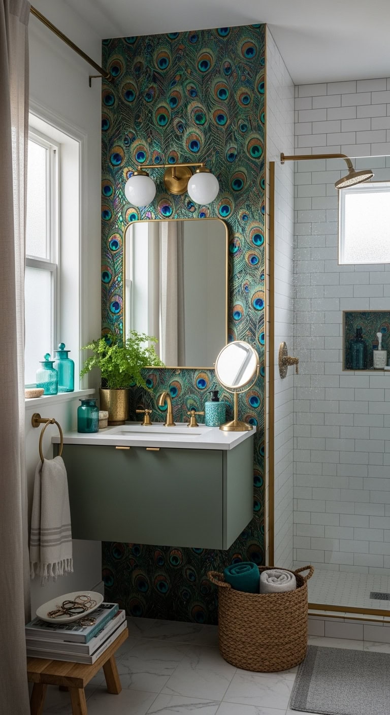 peacock inspired shimmering nature infused bathroom oasis
