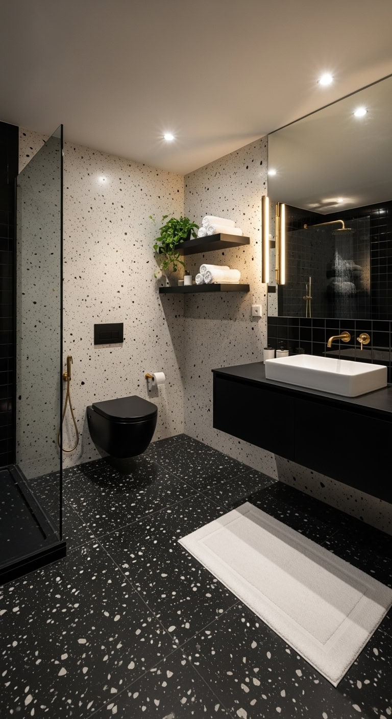 chic italian inspired black terrazzo bathroom