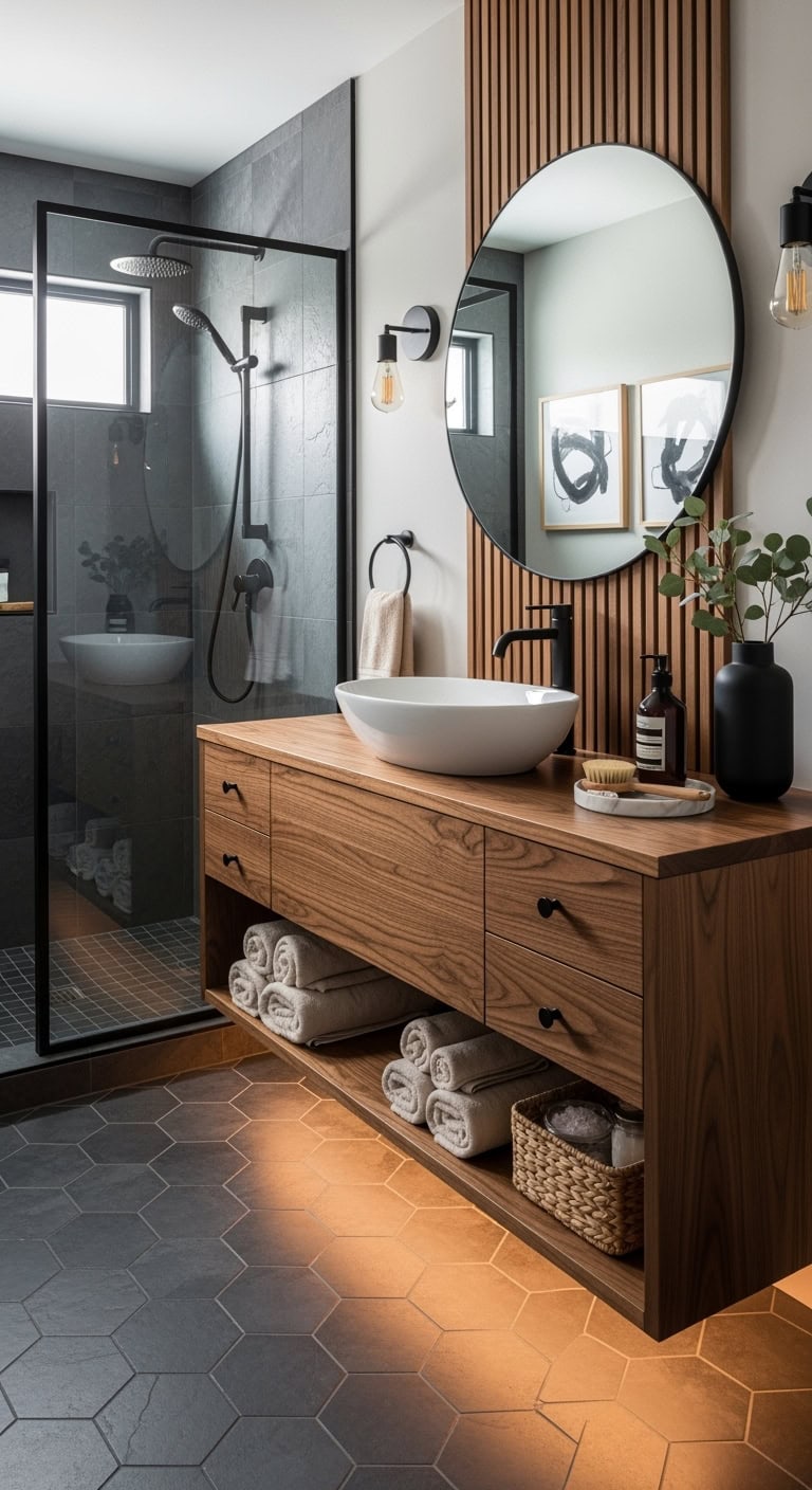 rustic minimalist bathroom floating vanities