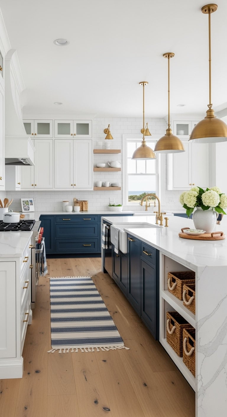 upper white navy lower cabinetry