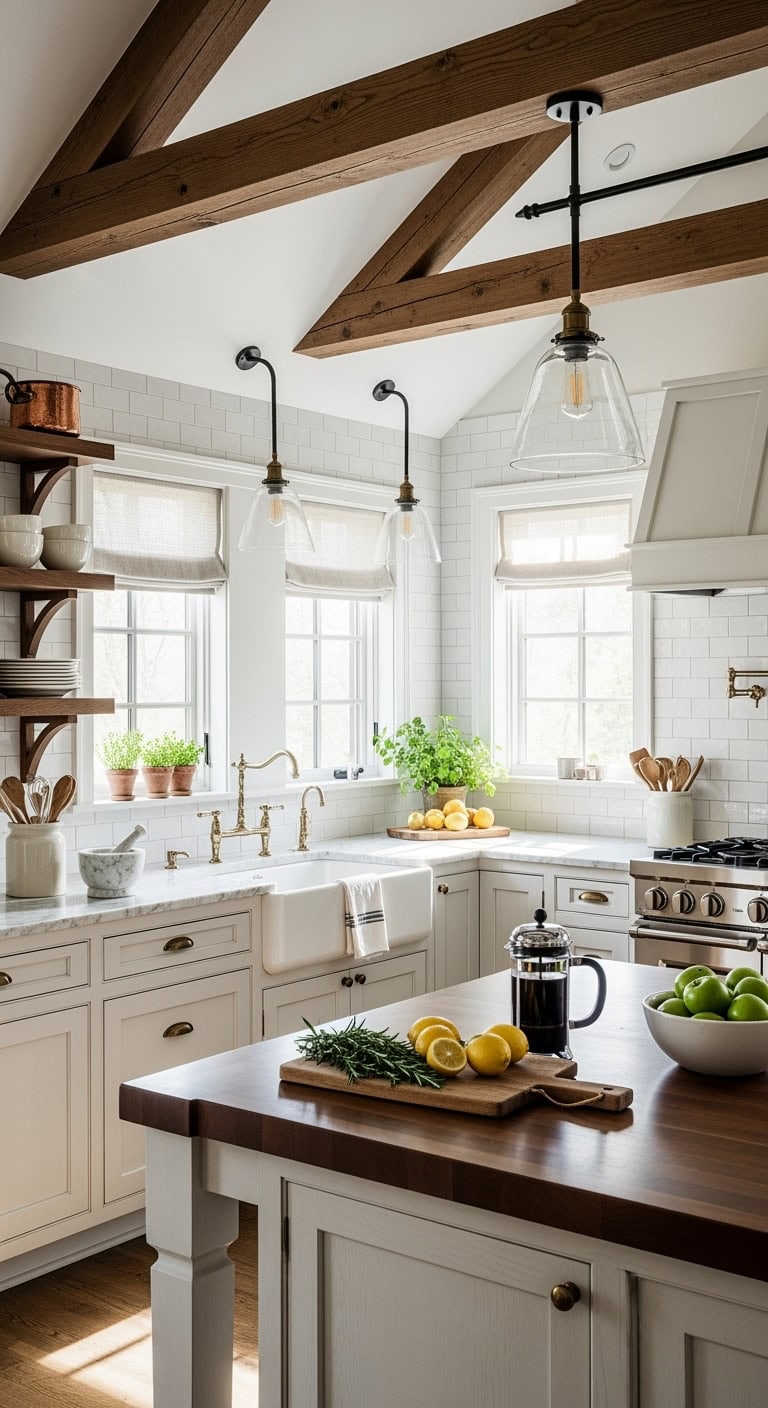 cozy farmhouse sophisticated kitchen beam contrast
