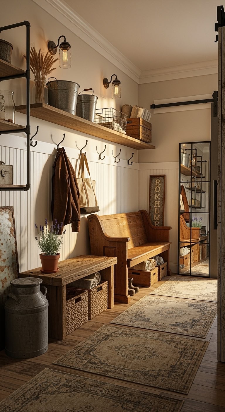 warm rustic farmhouse mudroom aesthetic