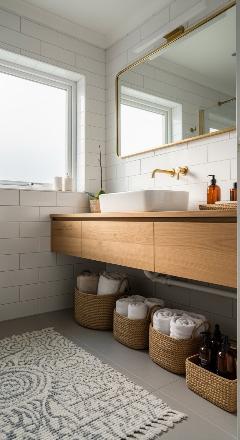 spa style casual organized bathroom towel storage