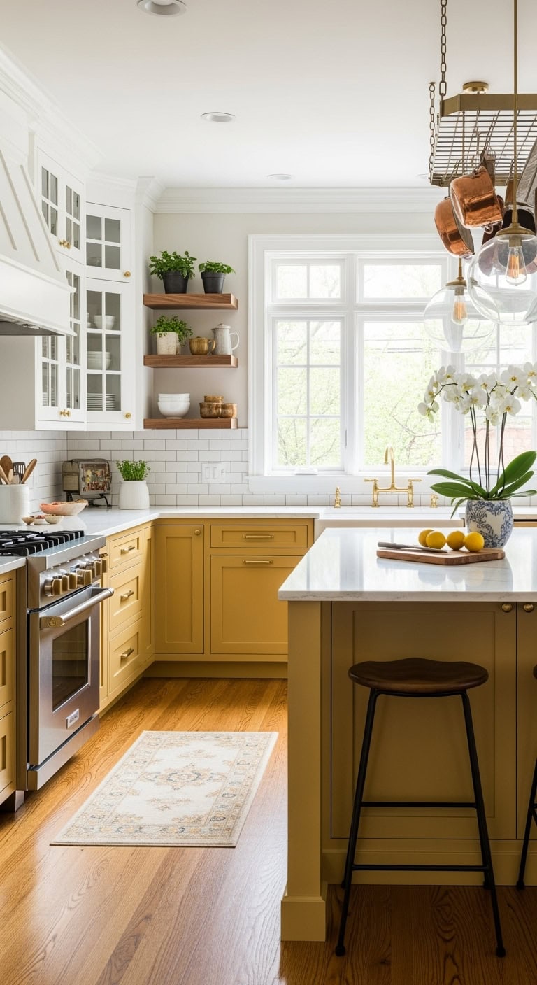 transitional mustard kitchen design