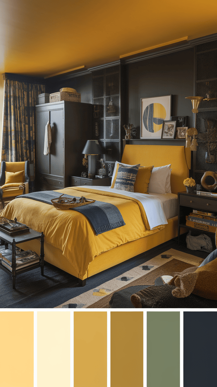A masculine yellow bedroom featuring dark furniture and yellow accents.