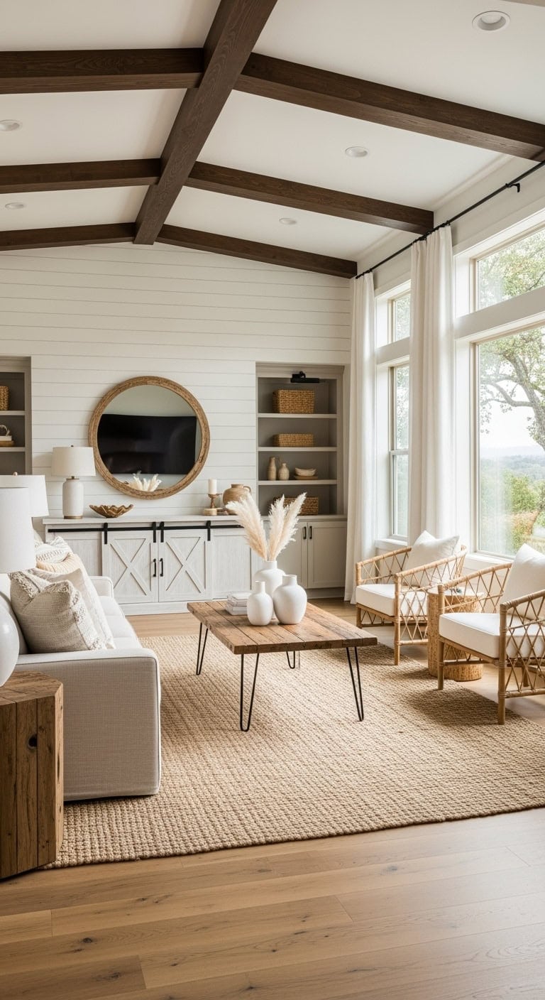 beige shiplap with beams