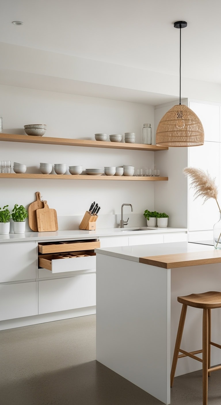 zen inspired white kitchen design