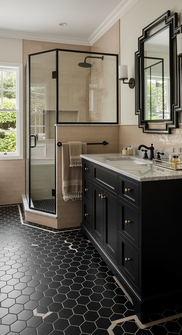 art deco black beige bathroom