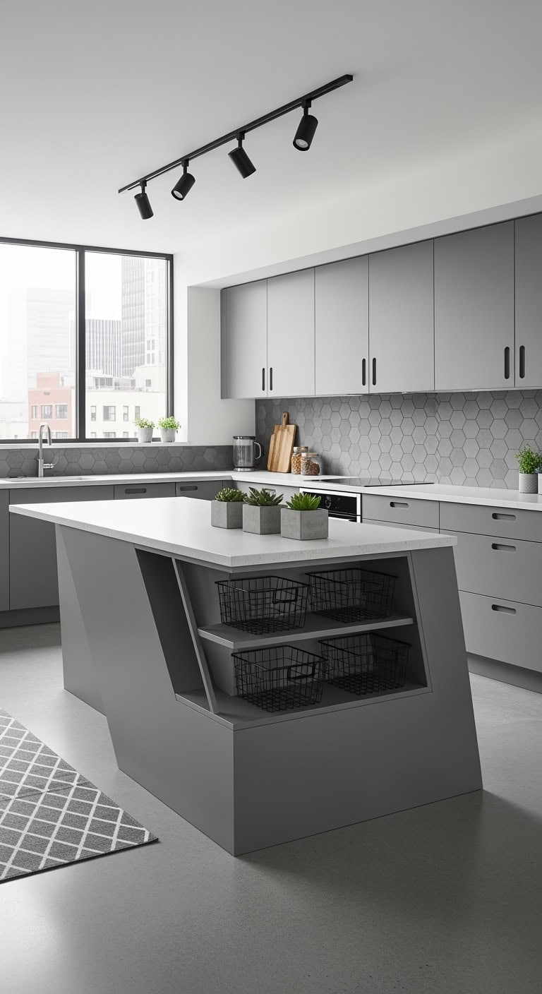 angular grey island with shelving