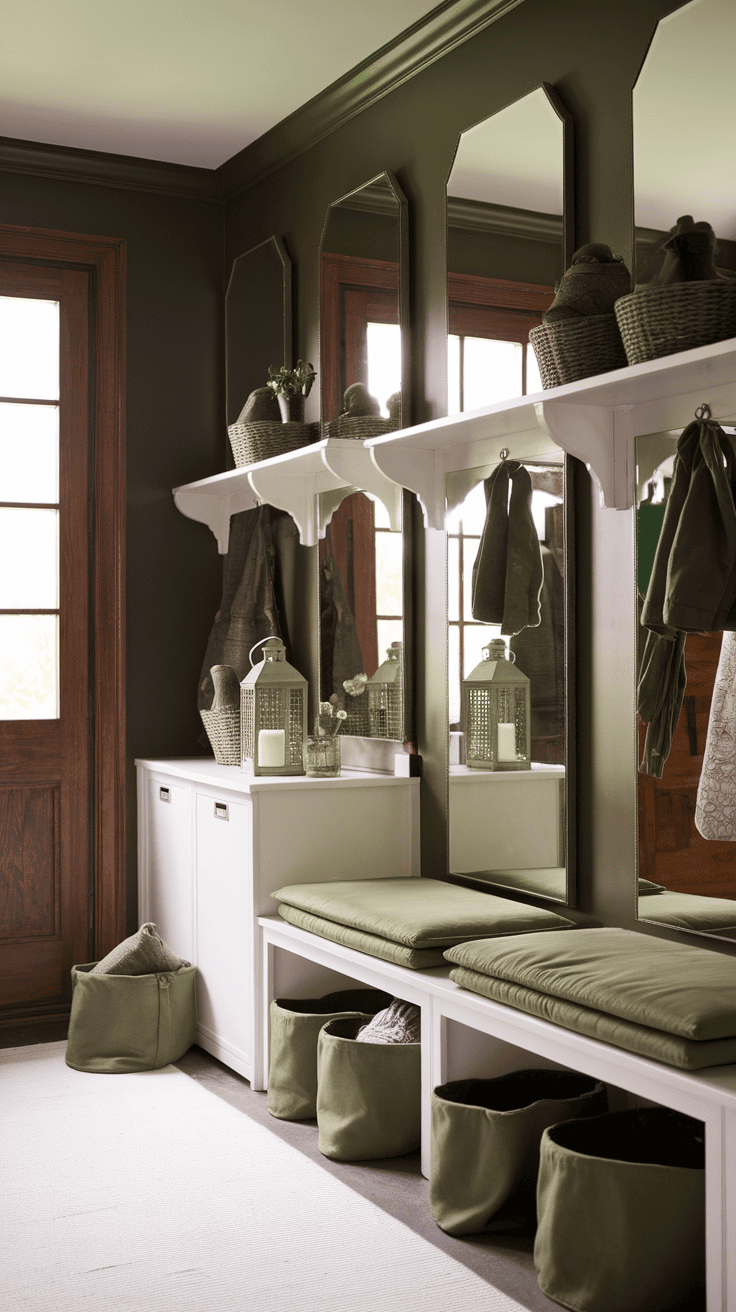 A stylish room featuring a bench, storage baskets, and multiple mirrors reflecting natural light.
